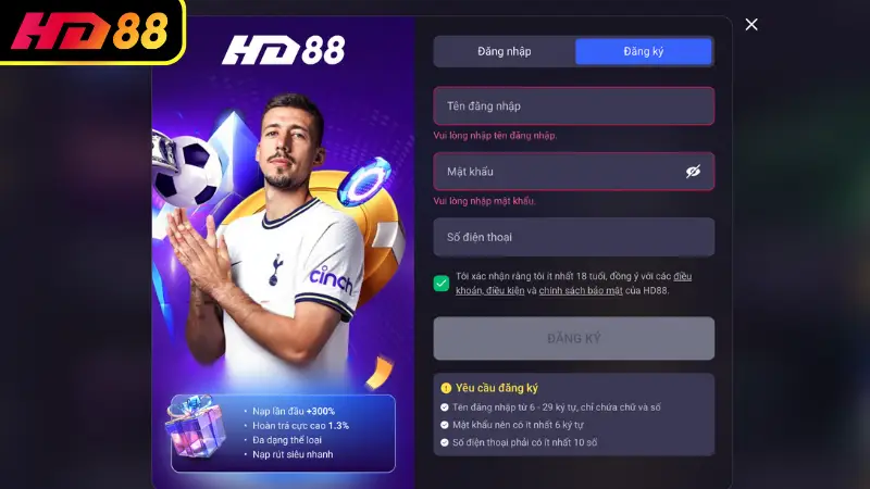 Các bước đăng ký tài khoản HD88 chi tiết